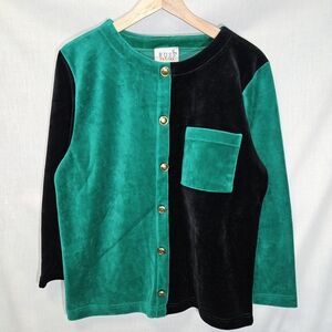 Vintage 90's Russ Petites Green and Black Velvet Felt Colorblock Button Cardigan